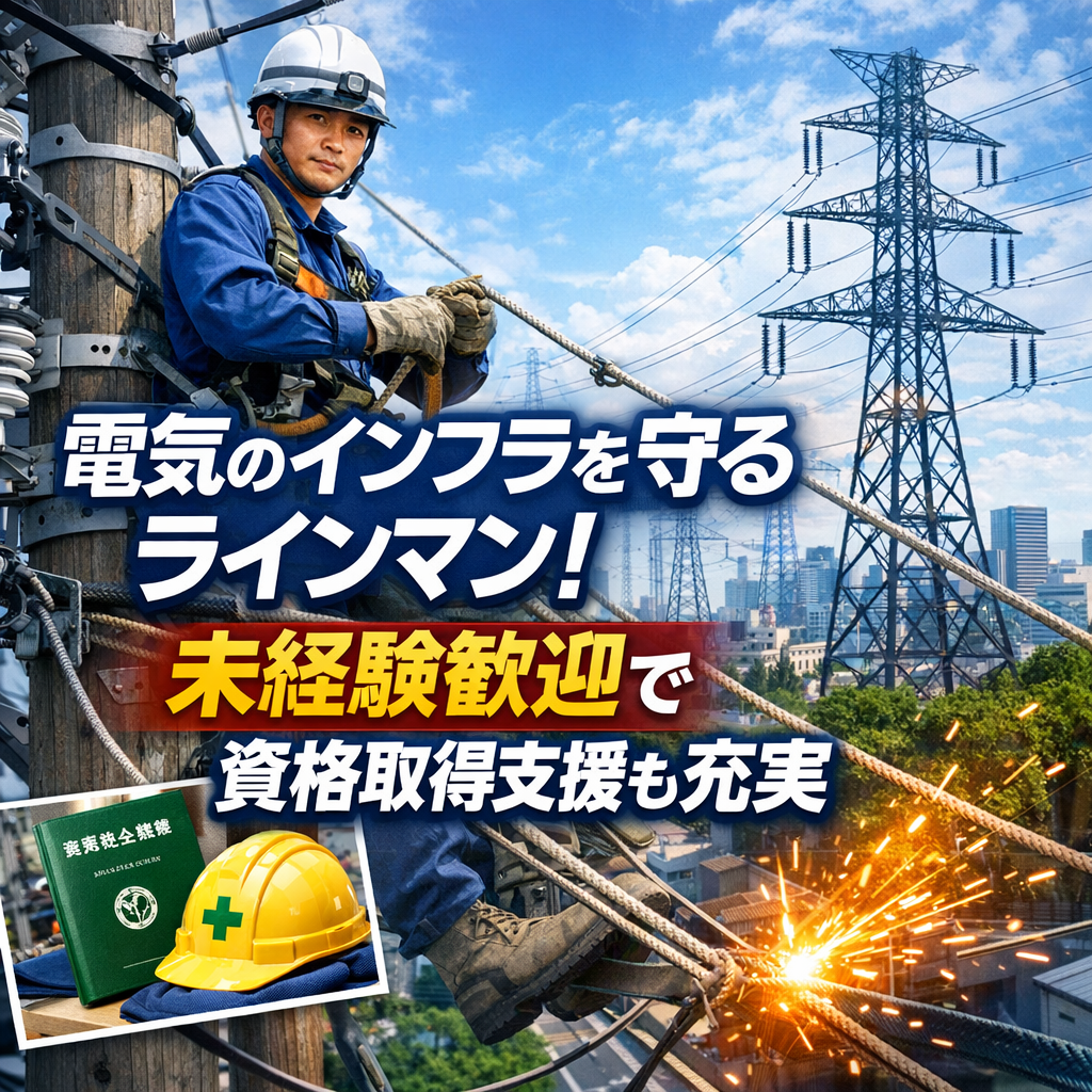 電気のインフラを守るラインマン！未経験歓迎で資格取得支援も充実